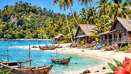 Illustration d’une plage tropicale et de bateaux dans l’archipel
